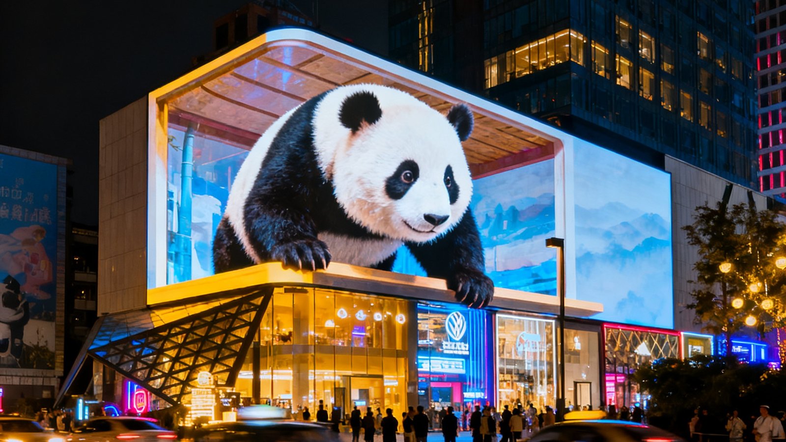 成都太古里商圈夜晚繁华景象，建筑外立面上的裸眼3D大屏正在播放一只巨型熊猫探出屏幕的逼真立体画面