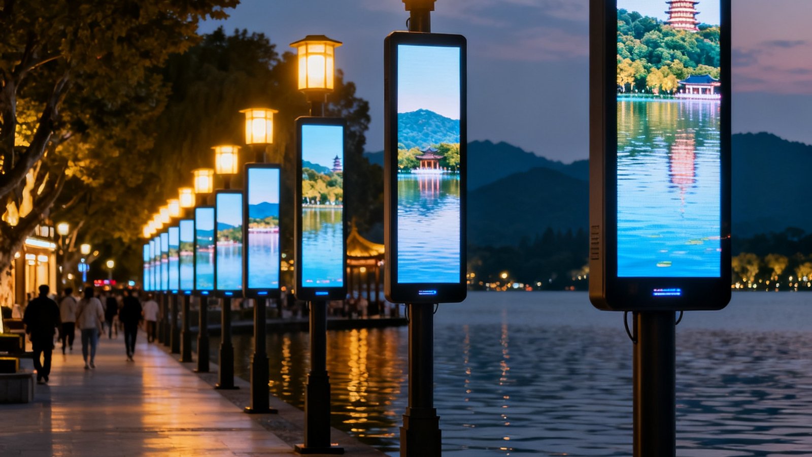 杭州湖滨步行街沿线整齐排列的智慧灯杆屏，傍晚时分屏幕同步播放西湖风景宣传片，与湖光山色融为一体