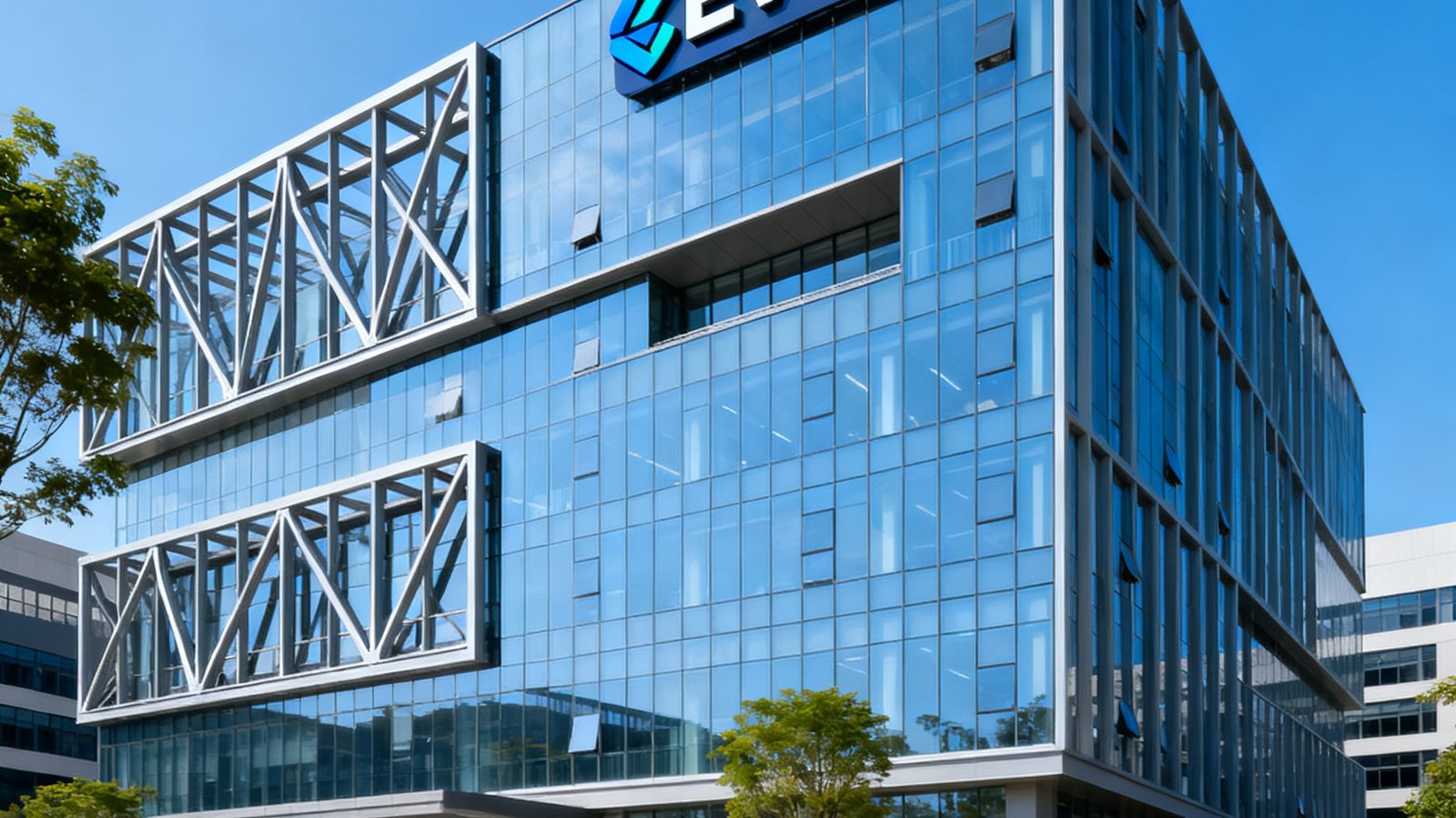 EVO视讯深圳光明区总部办公楼外景，现代化科技园区建筑，楼顶设有公司标识牌，周围绿化整洁