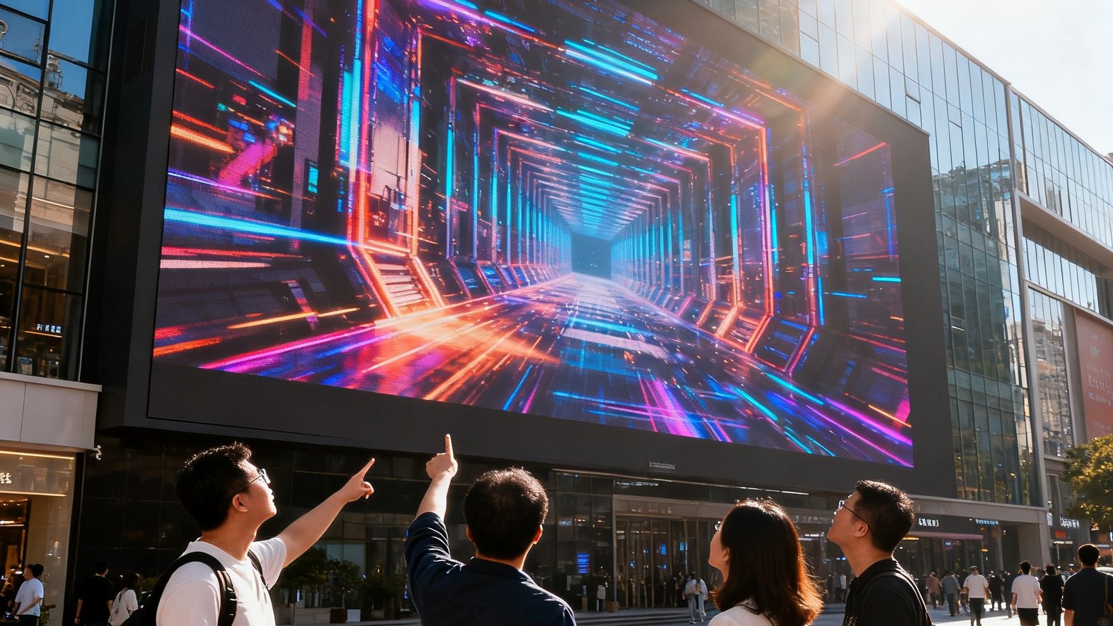 城市核心商圈建筑外立面安装的裸眼3D巨型LED大屏，白天阳光下播放立体视觉内容，路人纷纷驻足抬头观看