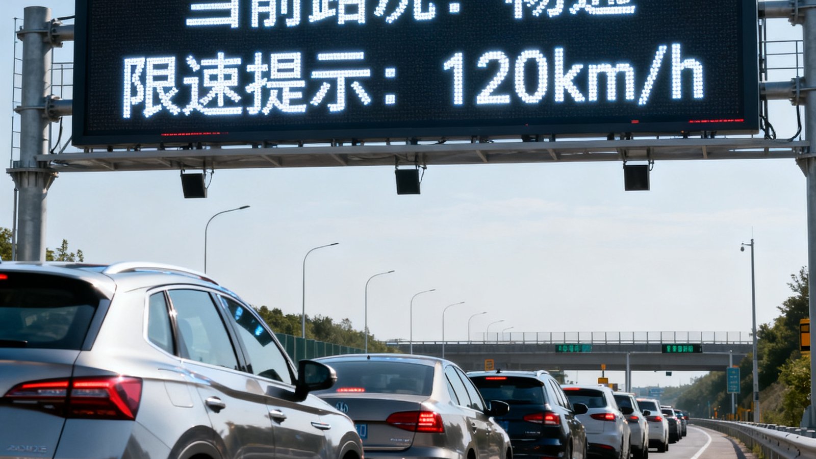 高速公路收费站前方安装的大型交通诱导LED屏，清晰显示路况信息和限速提示，车辆有序通行