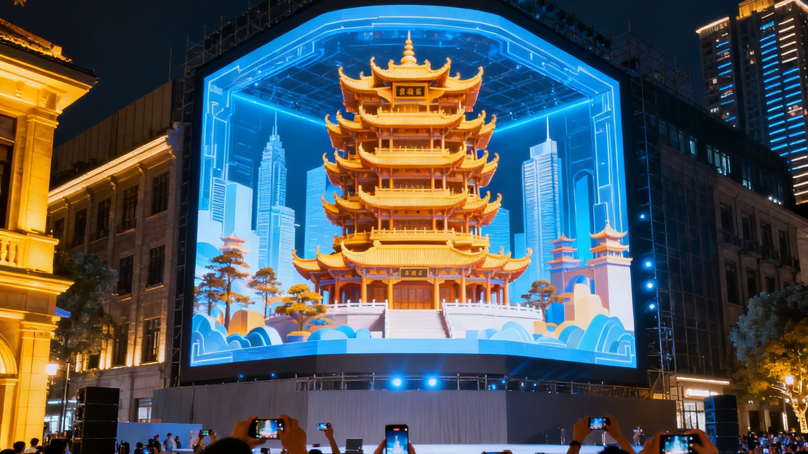 武汉楚河汉街新落成的裸眼3D大屏夜晚点亮仪式现场，屏幕播放黄鹤楼立体动画，周边聚集大量市民拍照
