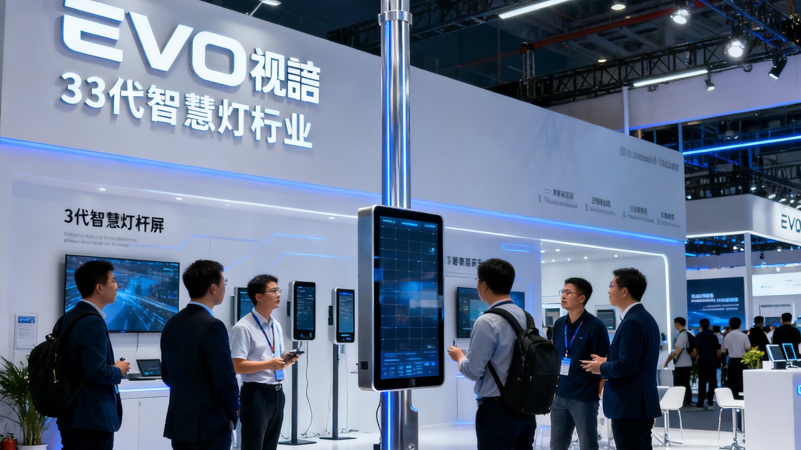 EVO视讯在行业展会上发布第四代智慧灯杆屏，展台布置简洁科技感十足，参观者围聚咨询产品参数